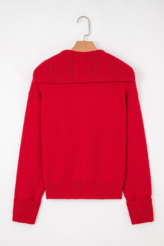 Solid Collared V-Neck Ribbed Edge Sweater