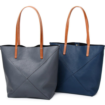 Elegant Genuine Leather Shoulder Bag - Stylish Folding Geometric Bucket Bag & Large Capacity Tote for Women hobo