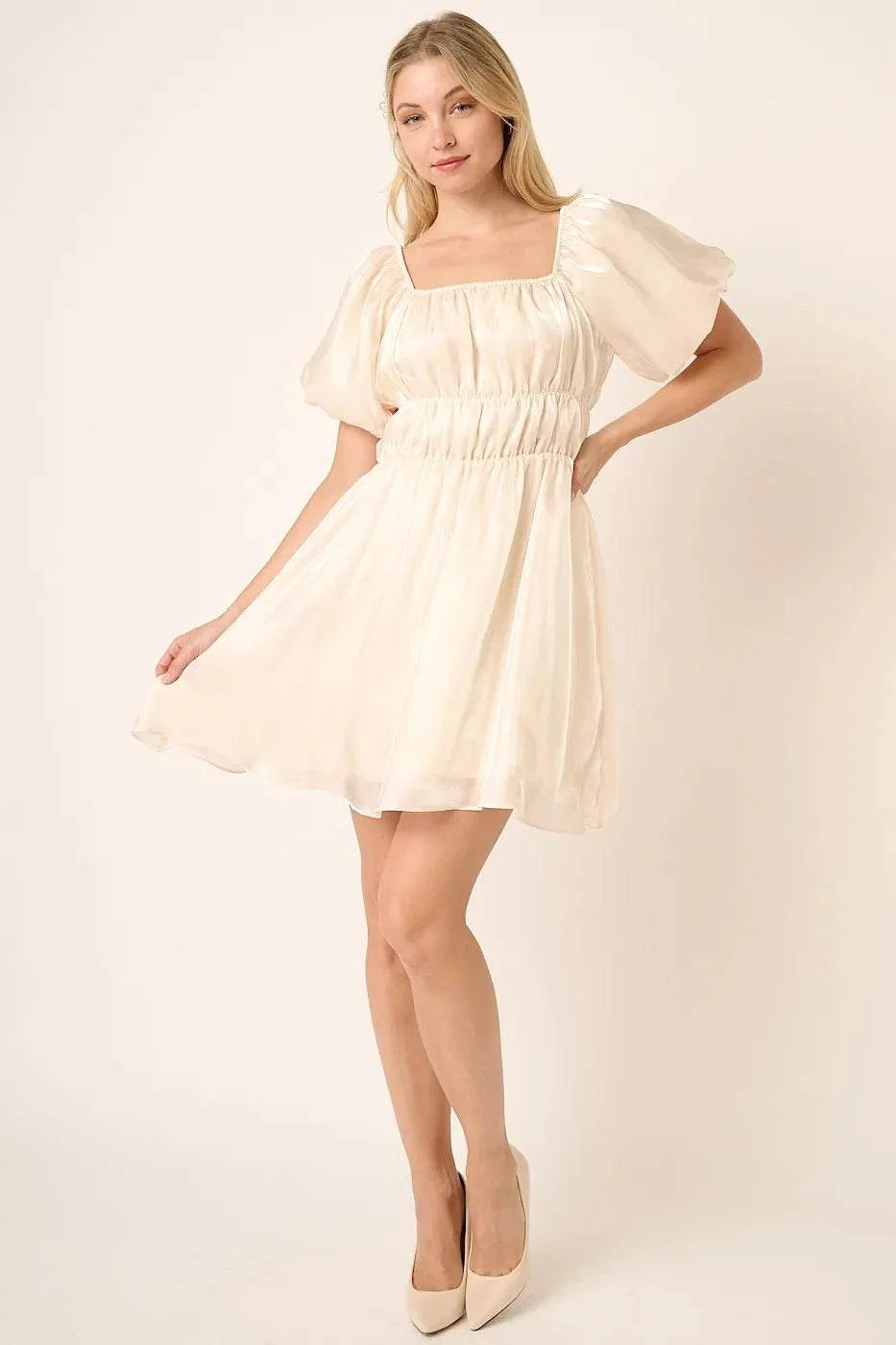 Mittoshop Metallic Organza Fabric Balloon Sleeve Mini Dress