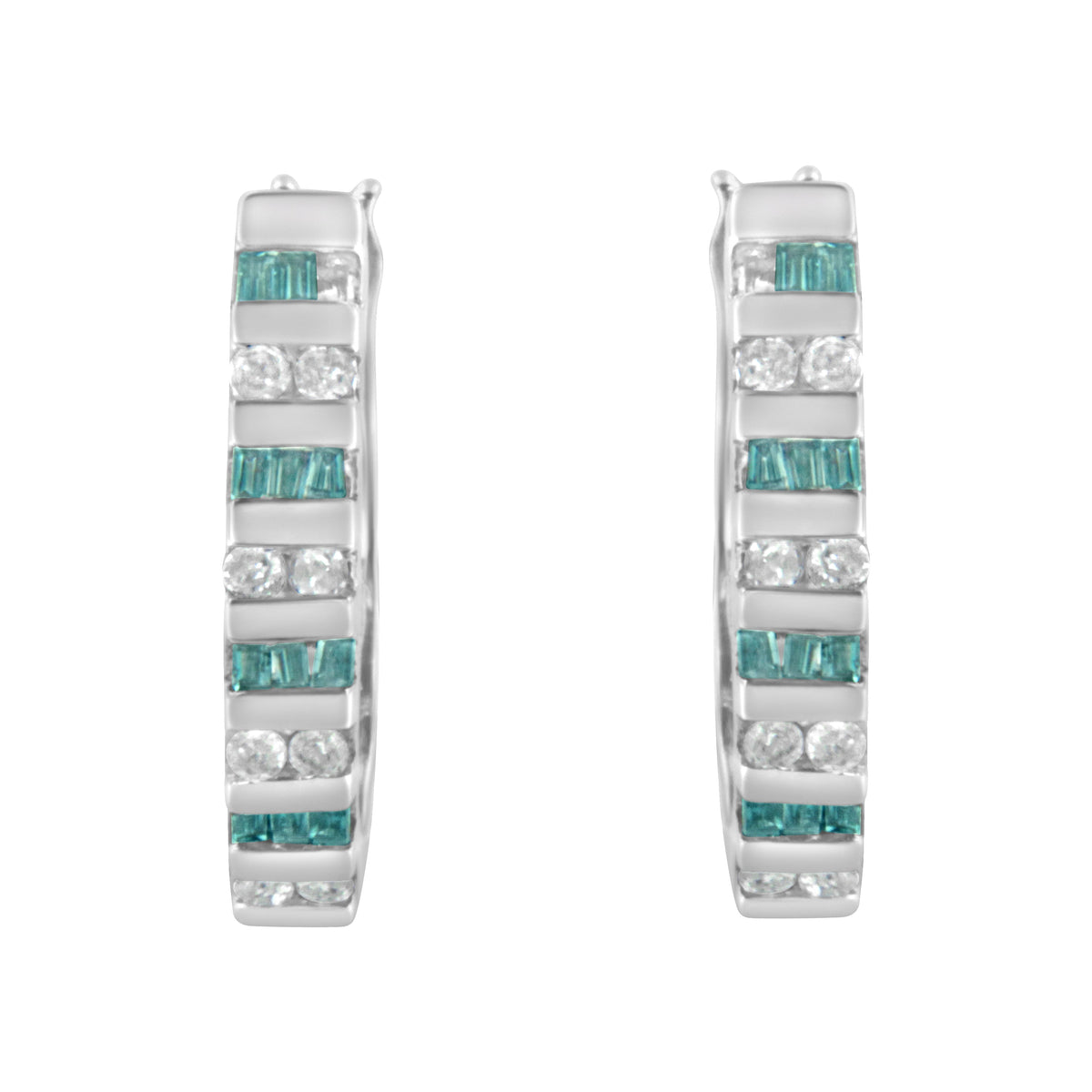 10k White Gold Round and Blue Baguette 1/2 cttw Diamond Hoop Earrings (I-J Color, I2-I3 Clarity)