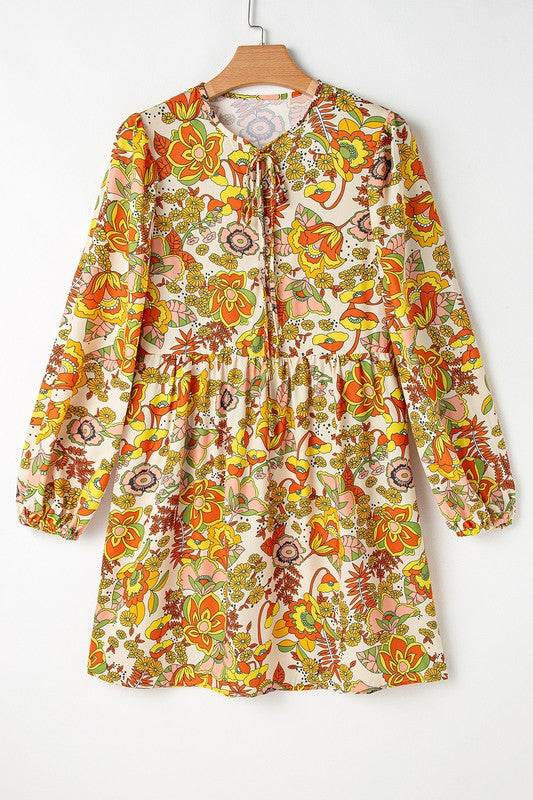 Women Floral Print V Neck Puff Sleeve Mini Dress