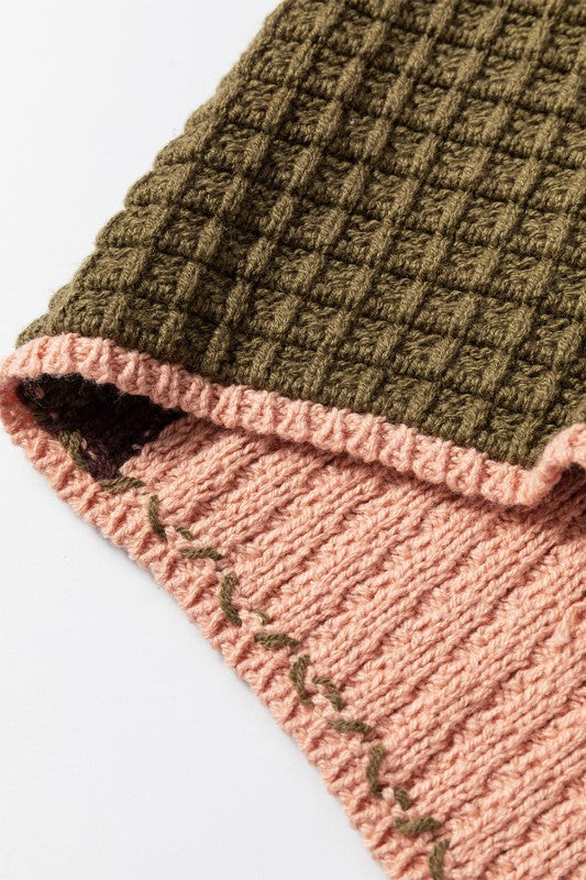 Colorblock Waffle Knit Drawstring Mock Neck Sweate