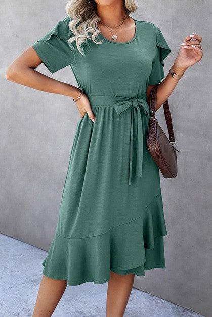 Petal Sleeve Ruffle Trim Wrap Belted Midi Dress