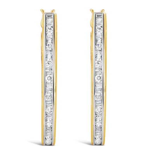 10K Yellow Gold 1.00 Cttw Round and Baguette-Cut Diamond U-Hoop Earrings (H-I Color, SI2-I1 Clarity)