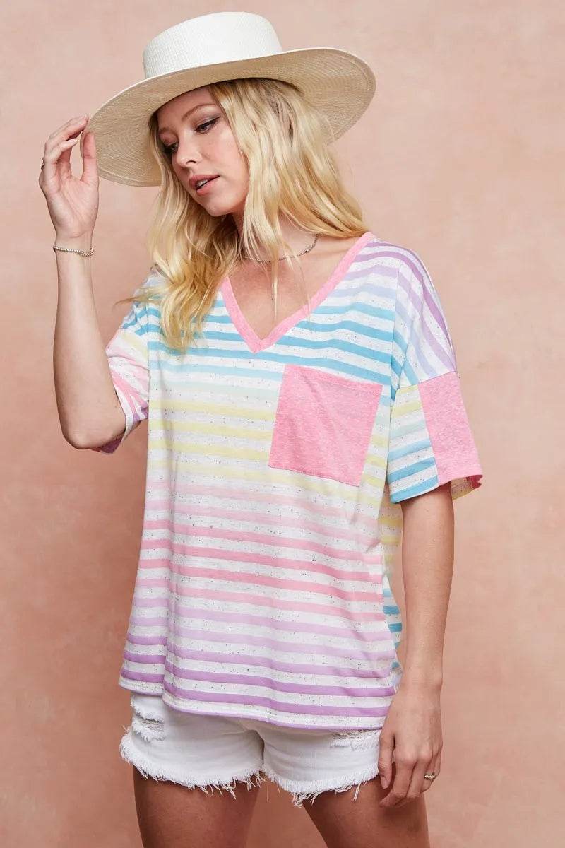 BiBi Rainbow Stripe Printed Triblend Knit Top
