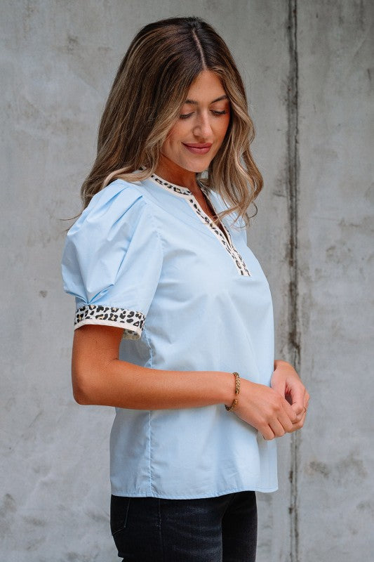 Mila Contrast Leopard Trim Split Neck Puff Sleeve