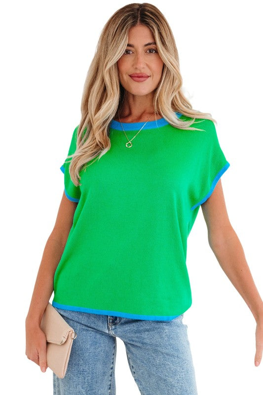 Contrast Trim Crewneck Short Sleeve Sweater