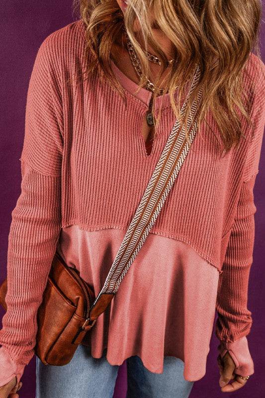 Giselle Exposed Seam Slit Neck Waffle Knit Patchwo