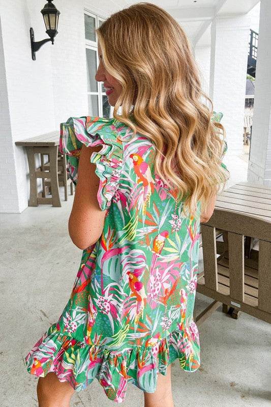 Floral Ruffle Trim Flutter Sleeve Buttoned Dress