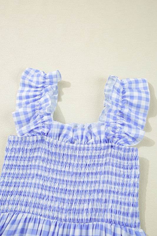 Blue Gingham plaid check maxi dress