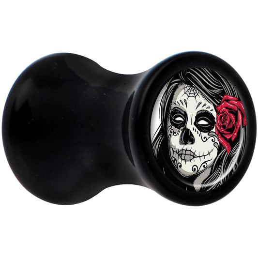 Black Acrylic Katrina Sugar Skull with Rose Flower Saddle Plug Set 4G