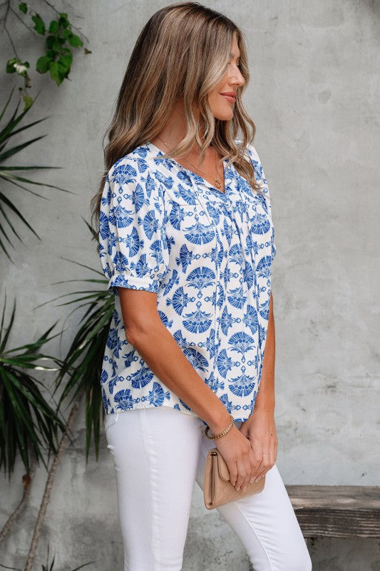 Grace Geometric Tassel Drawstring V Neck Blouse