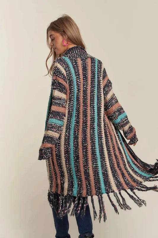 ADORA Multi Colour Sweater Long Cardigan with Fringes