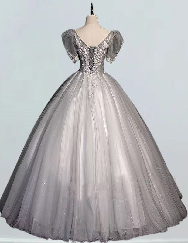 Women's Elegant V-Neck Tulle Bridal Gown | Lace Applique & Beading | Formal Evening Wedding Dress