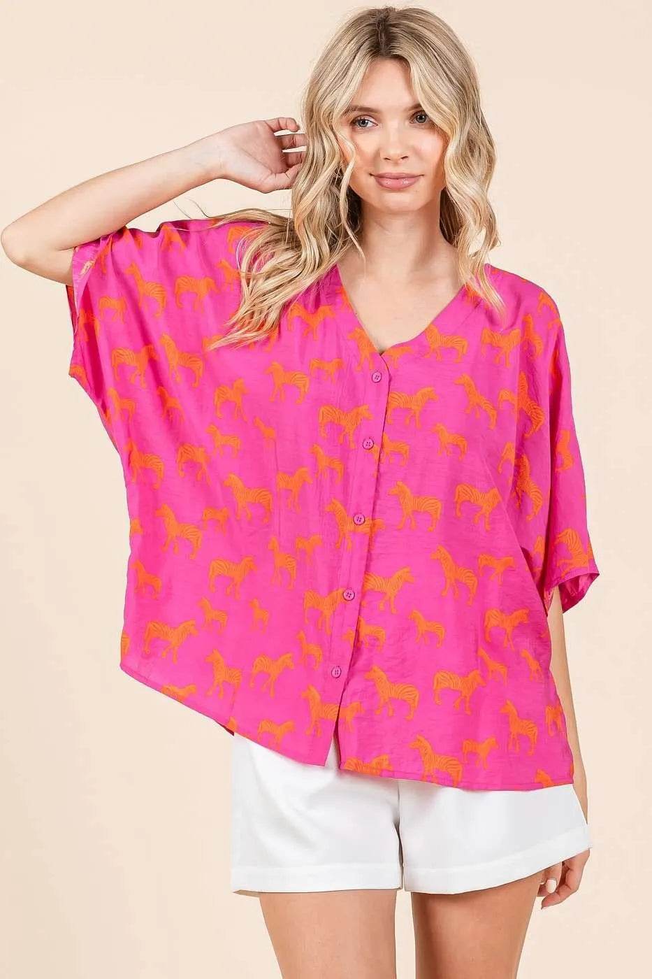 Mittoshop Zebra Print V-Neck Button Down Dolman Sleeve Top