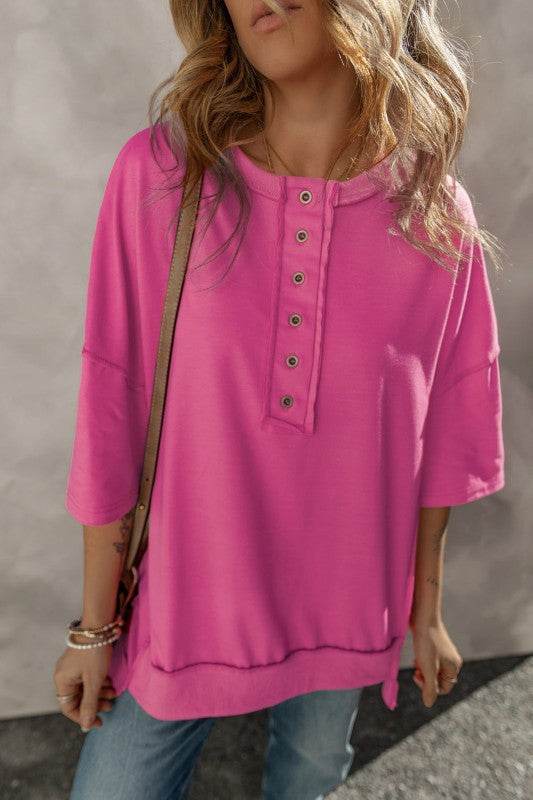 Aliana Exposed Seam Button Neck Wide Sleeve Tunic