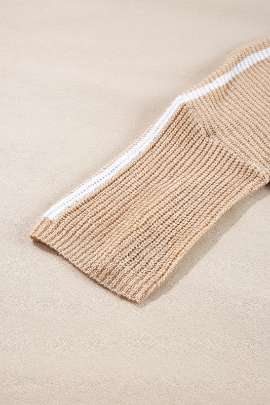 Contrast Stripe 3/4 Sleeve Crew Neck Sweater