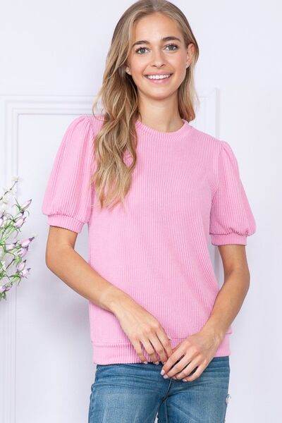 Reborn J Ribbed Round Neck Top - Short Sleeve Style