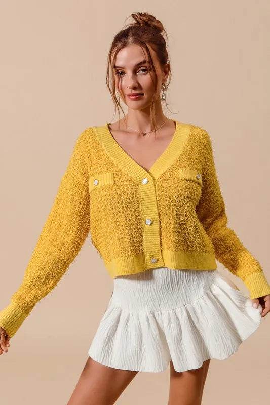 SO ME Frayed Tweed Knit Buttoned Front Cardigan