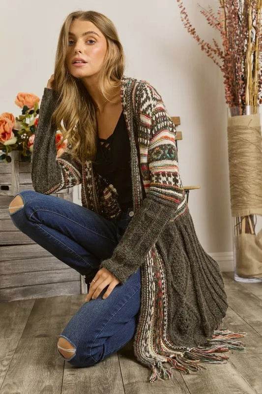 ADORA Full Size Fringe Hem Aztec Cardigan Plus Size
