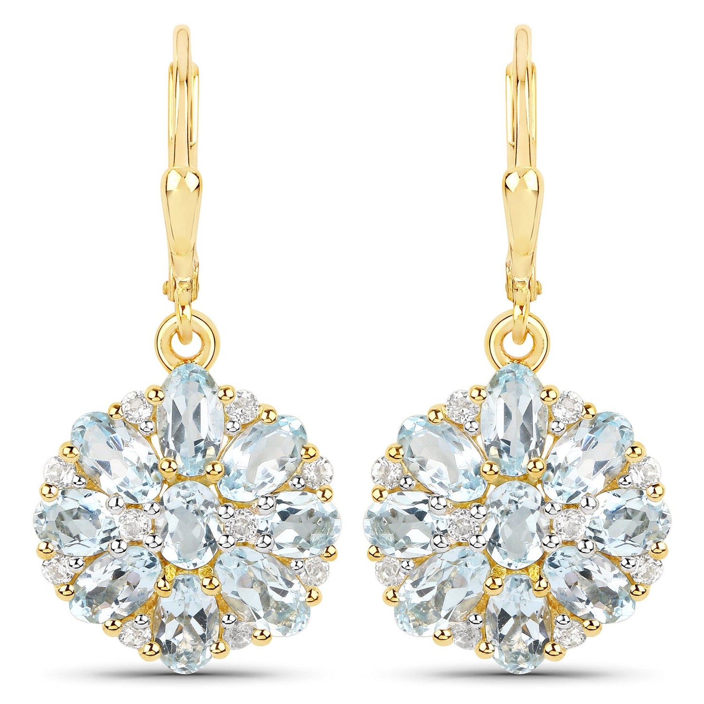 18K Yellow Gold Plated 4.58 Carat Genuine Blue Topaz and White Topaz .925 Sterling Silver Earrings