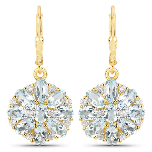 18K Yellow Gold Plated 4.58 Carat Genuine Blue Topaz and White Topaz .925 Sterling Silver Earrings