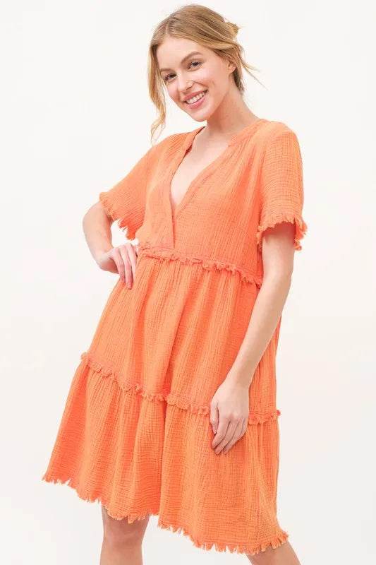 And The Why Washed Frayed Detail Tiered Dress
