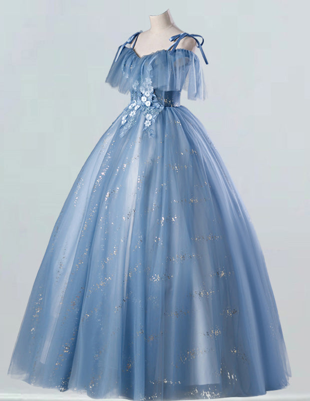 Blue straps sparkle tulle evening party gown fairy long prom dress ball gown