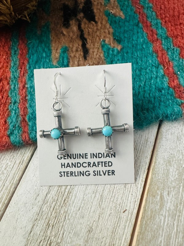 Navajo Sterling Silver & Turquoise Cross Dangle Ea