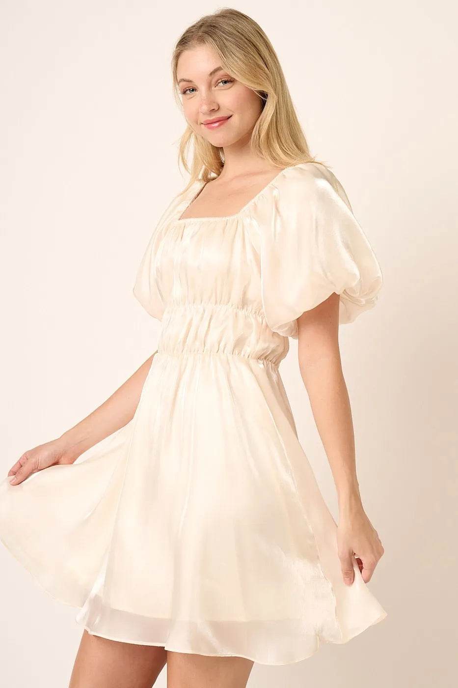 Mittoshop Metallic Organza Fabric Balloon Sleeve Mini Dress