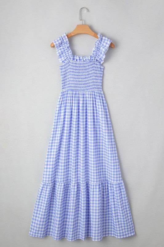 Blue Gingham plaid check maxi dress