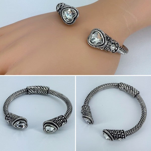 Cable Style Bangle Bracelet Heart Rhinestone