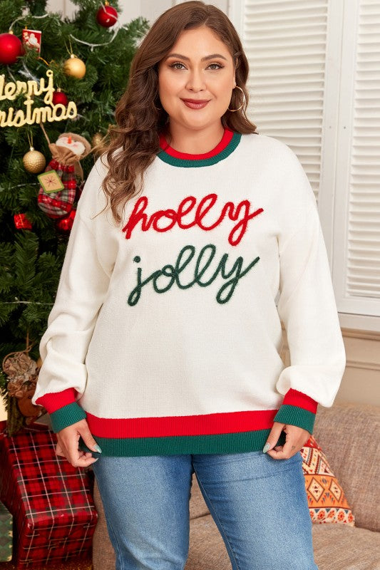 Plus Size Christmas Holly Jolly Colorblock Edge Sw
