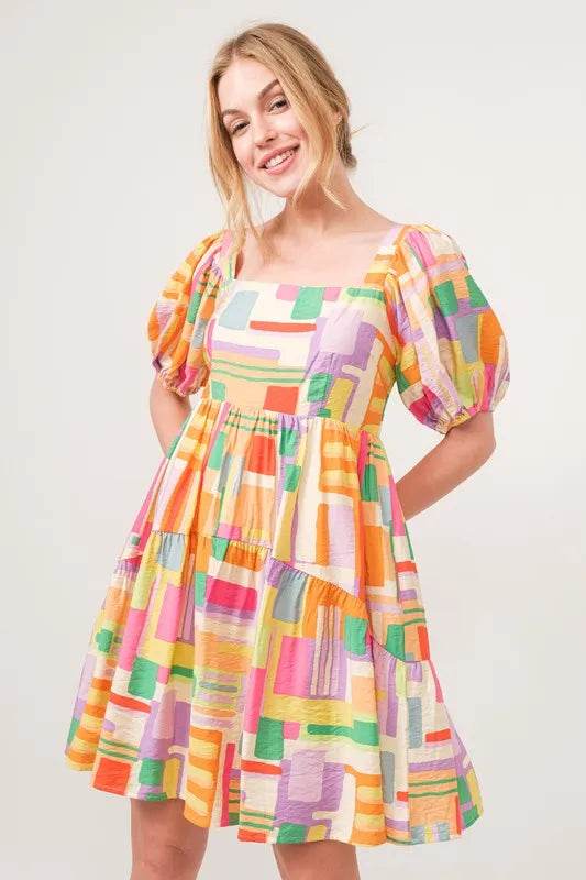 And The Why Square Neck Puff Sleeve Geo Printed Mini Dress