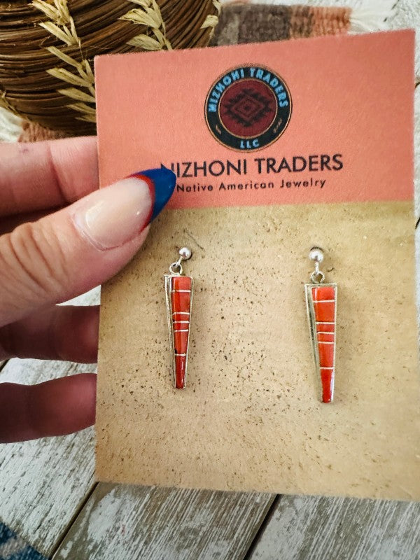 Navajo Sterling Silver & Coral Inlay Dangle Earrin