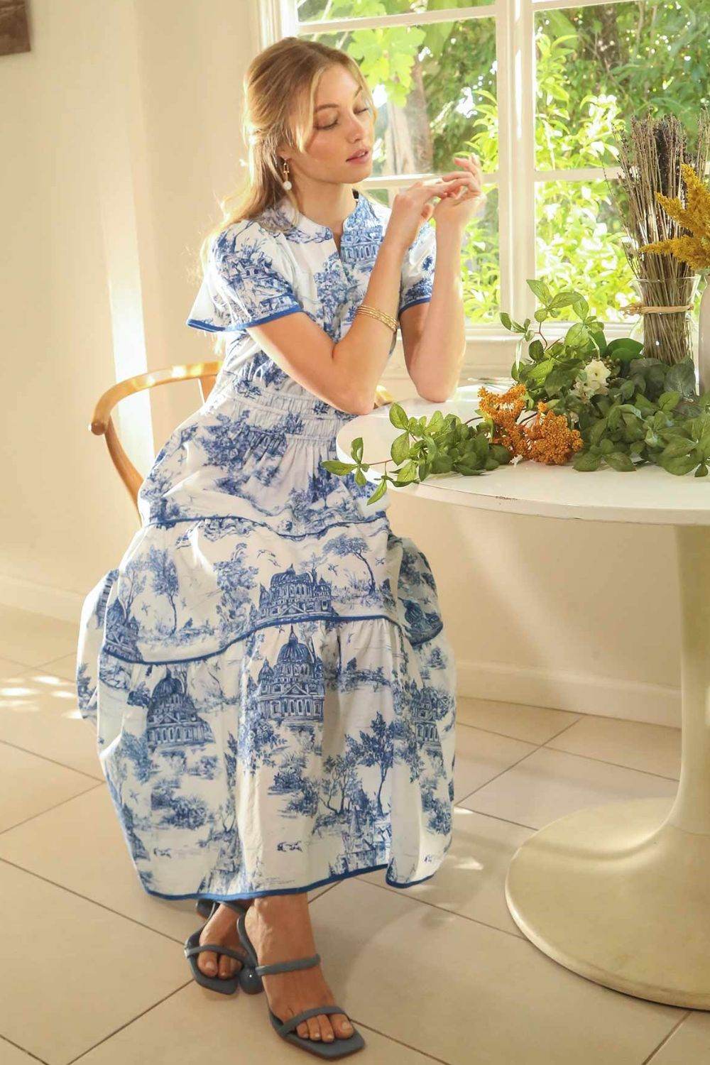 Umgee Full Size Landscape Print Short Sleeve Tiered Maxi Dress Plus Size