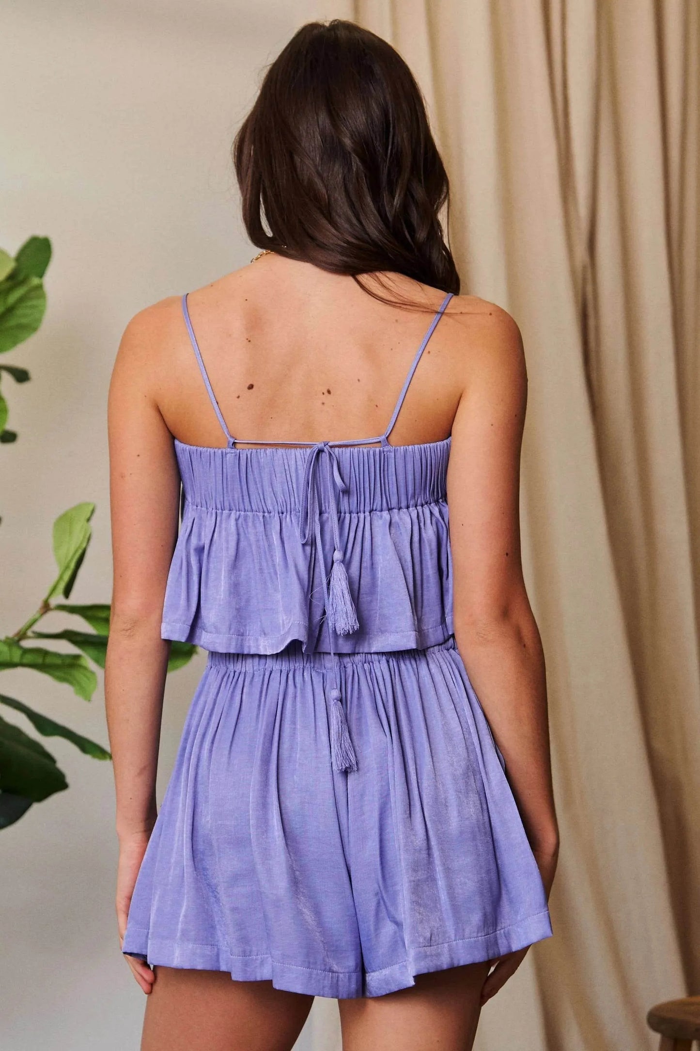 Davi & Dani Pleated Body Elastic Back Babydoll Strappy Top