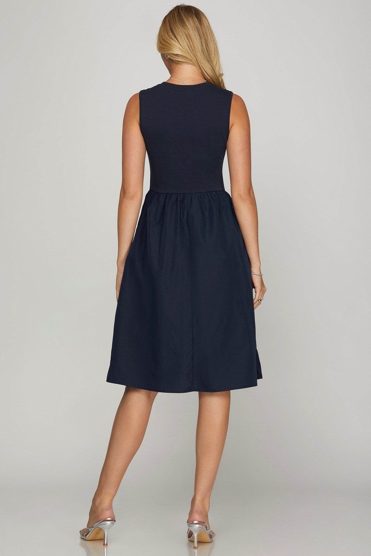 She + Sky Full Size Sleeveless Poplin Woven Midi Dress with Pockets Plus Size