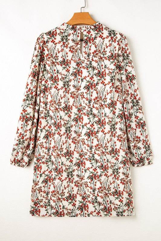 White Floral Printed Long Sleeve Mini Dress