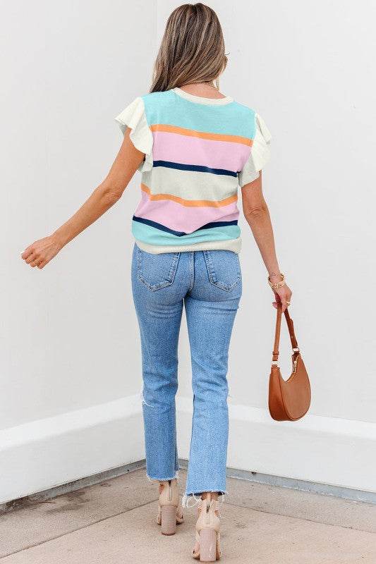 Yasmin Striped Flutter Sleeve Patchwork Top