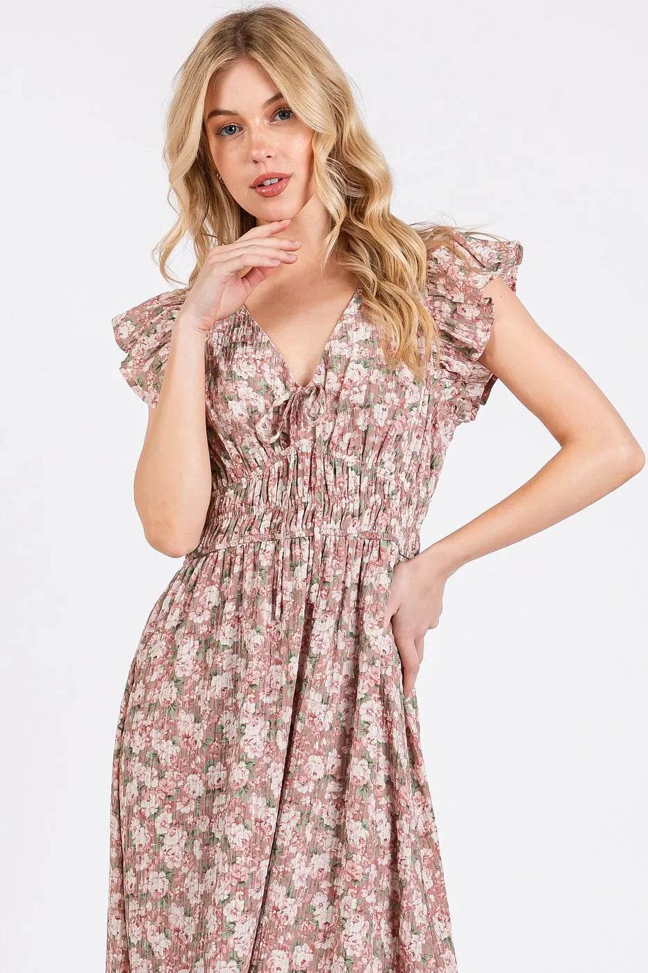 Mittoshop Flower Print Ruffle Cap Sleeve V-neck Midi Dress