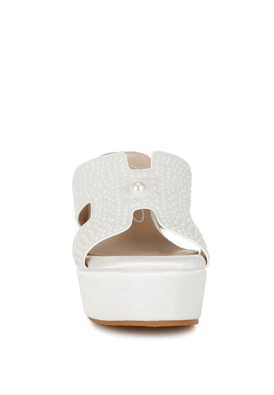 Renier Satin Pearl Detail Wedge Sandals