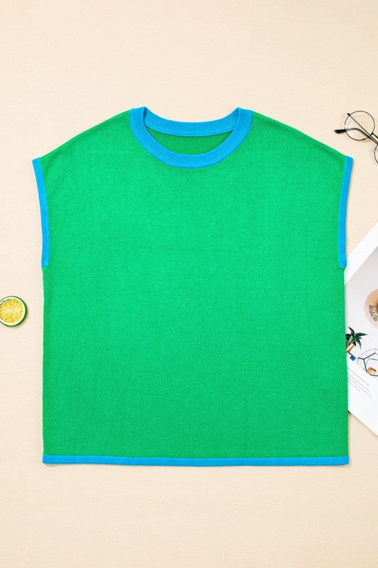 Contrast Trim Crewneck Short Sleeve Sweater