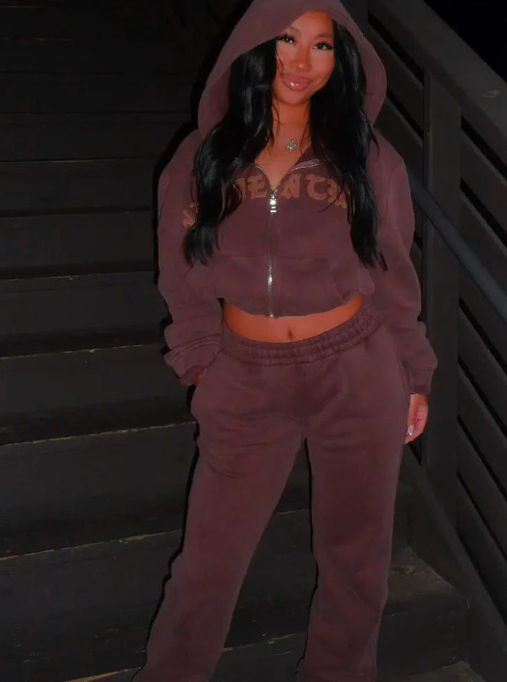 Ins Letter Sports Suit Zip-up Hooded Cropped Sweatshirt Top And Loose Drawstring Trousers