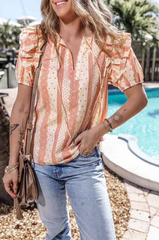Kelsey Frilled Short Puff Sleeve Mixed Print Blous