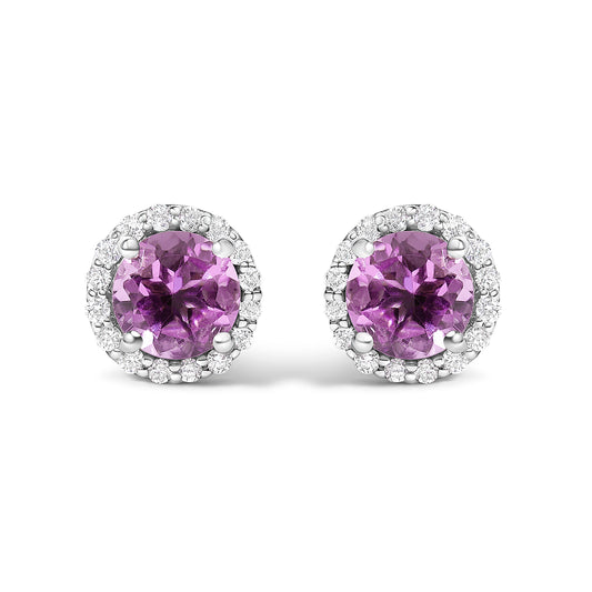 10K White Gold Purple Amethyst and 3/8 Cttw Diamond Halo Jewelry Set (Earrings, Pendant & Ring)