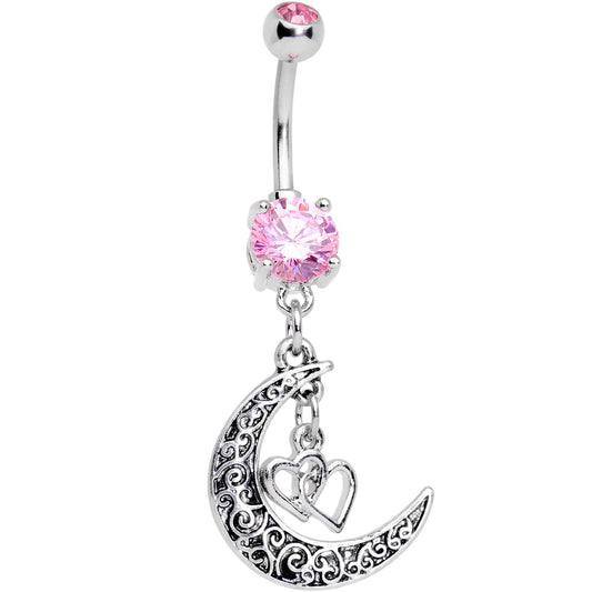 Pink Gem Moon Full of Love Dangle Belly Ring