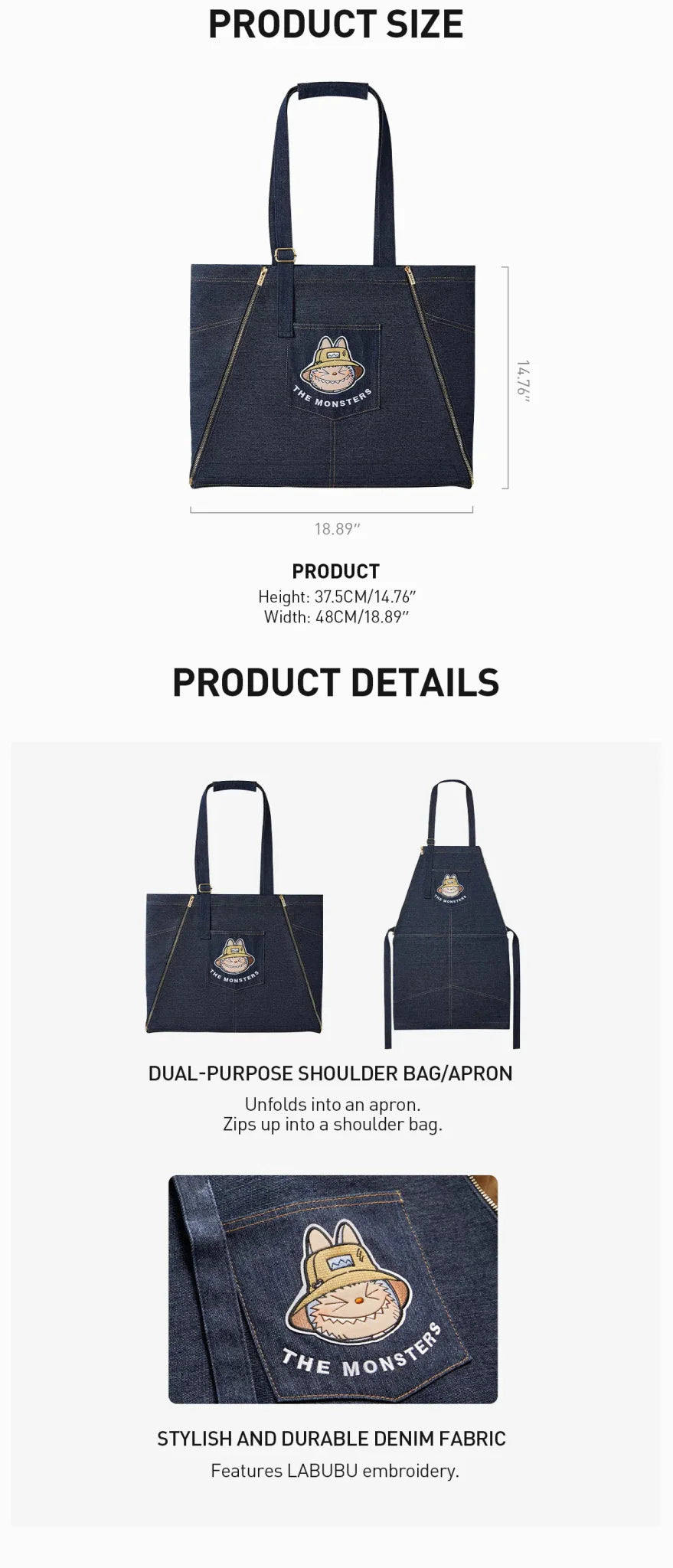 Authentic Labubu THE MONSTERS FALL IN WILD SERIES – DENIM APRON BAG