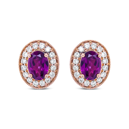 14K Rose Gold 7x5mm Oval Cut Garnet and 3/8 Cttw Round Diamond Halo Stud Earrings (G-H Color, SI1-SI2 Clarity)