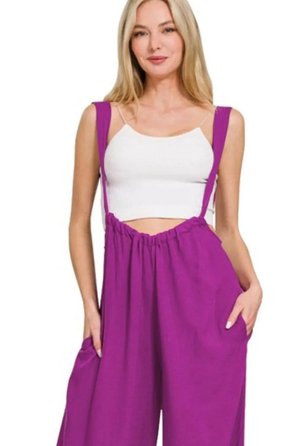 Zenana Woven Tie Back Suspender Jumpsuit